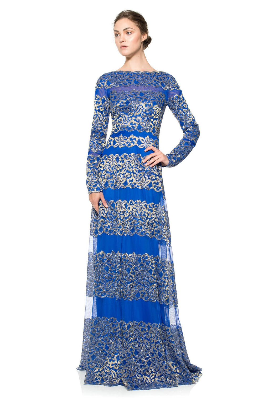 Metallic Lace Banded Long Sleeve Gown