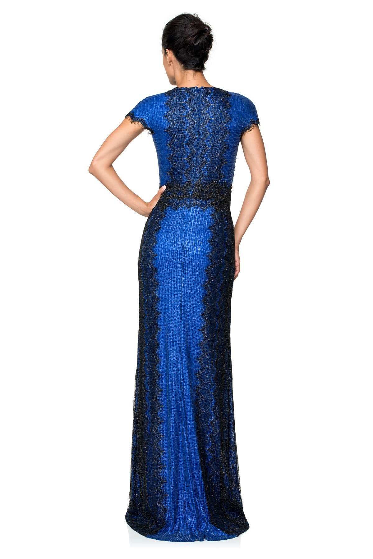 Metallic Chantilly Lace Over Sequin Lace Cap Sleeve Gown