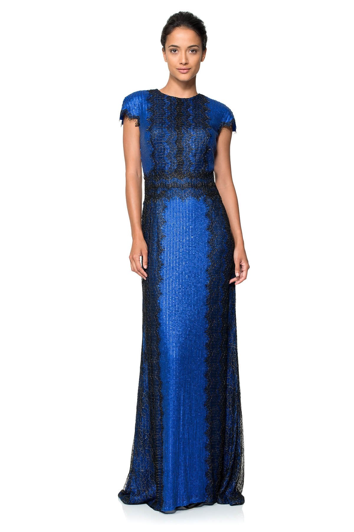 Metallic Chantilly Lace Over Sequin Lace Cap Sleeve Gown