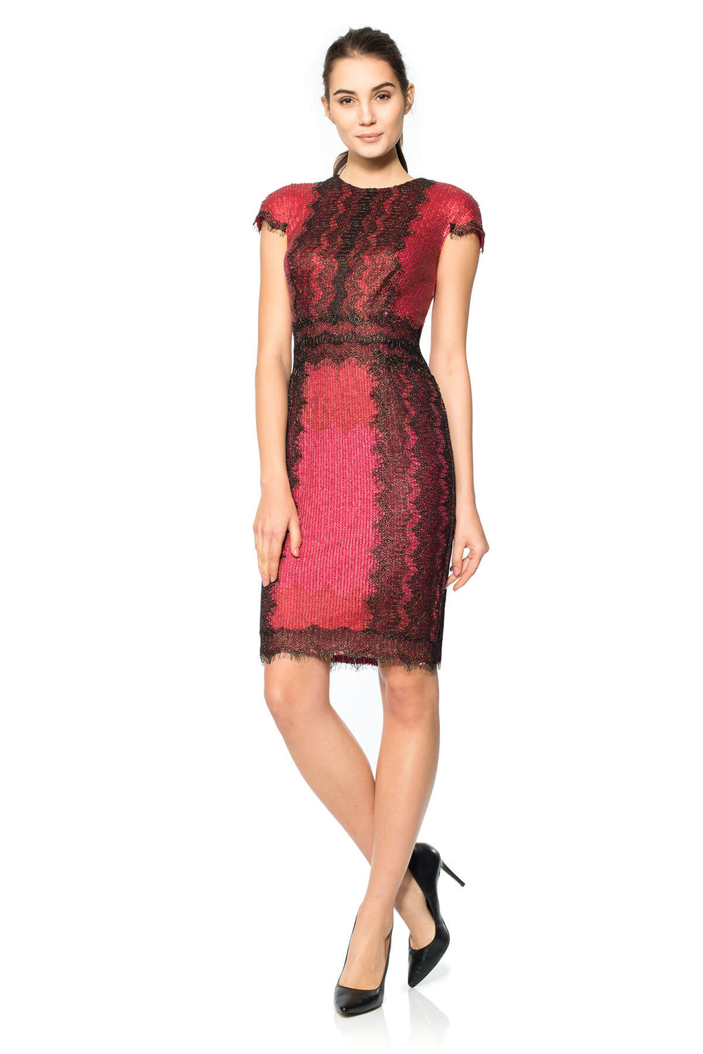 Metallic Chantilly Lace Over Sequin Lace Cap Sleeve Dress