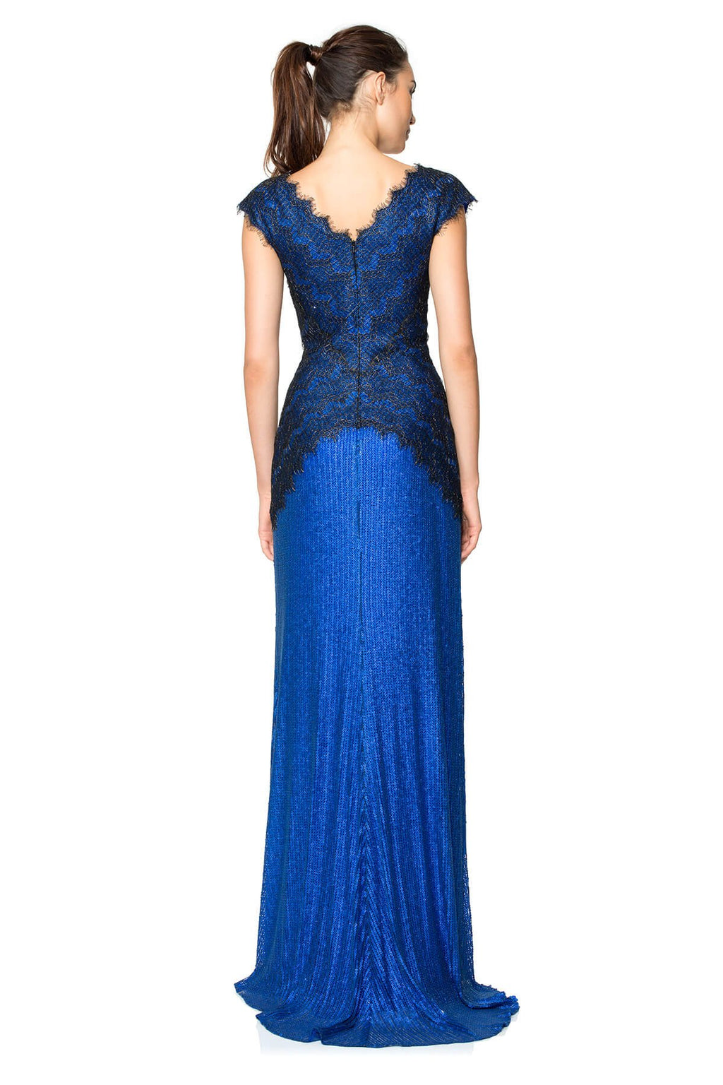 Metallic Chantilly Lace Over Sequin Lace V-Neck Gown