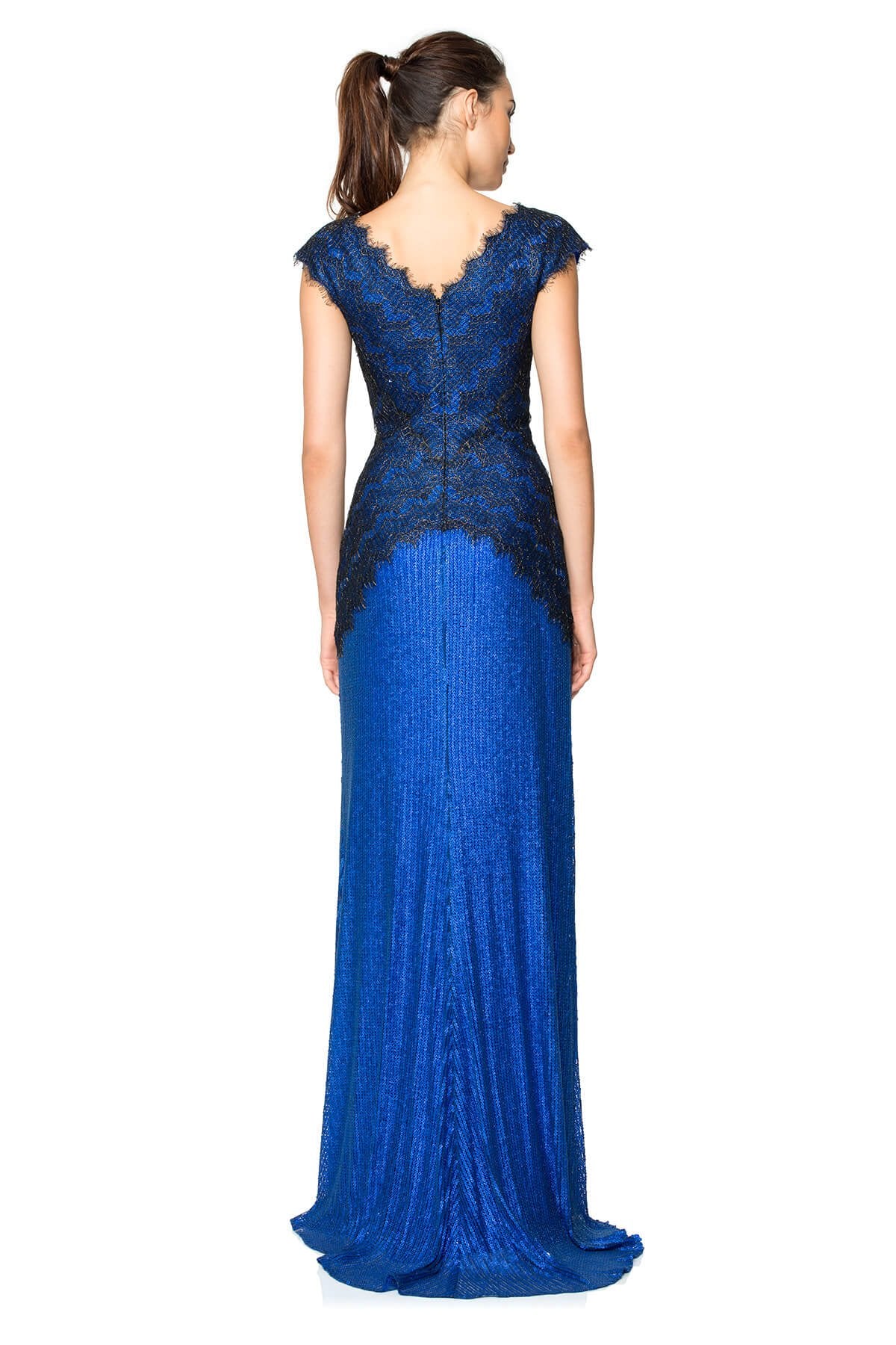Metallic Chantilly Lace Over Sequin Lace V-Neck Gown