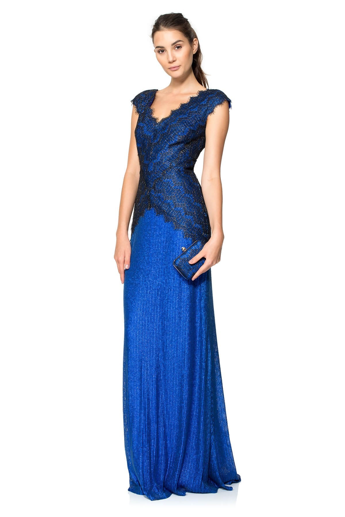 Metallic Chantilly Lace Over Sequin Lace V-Neck Gown