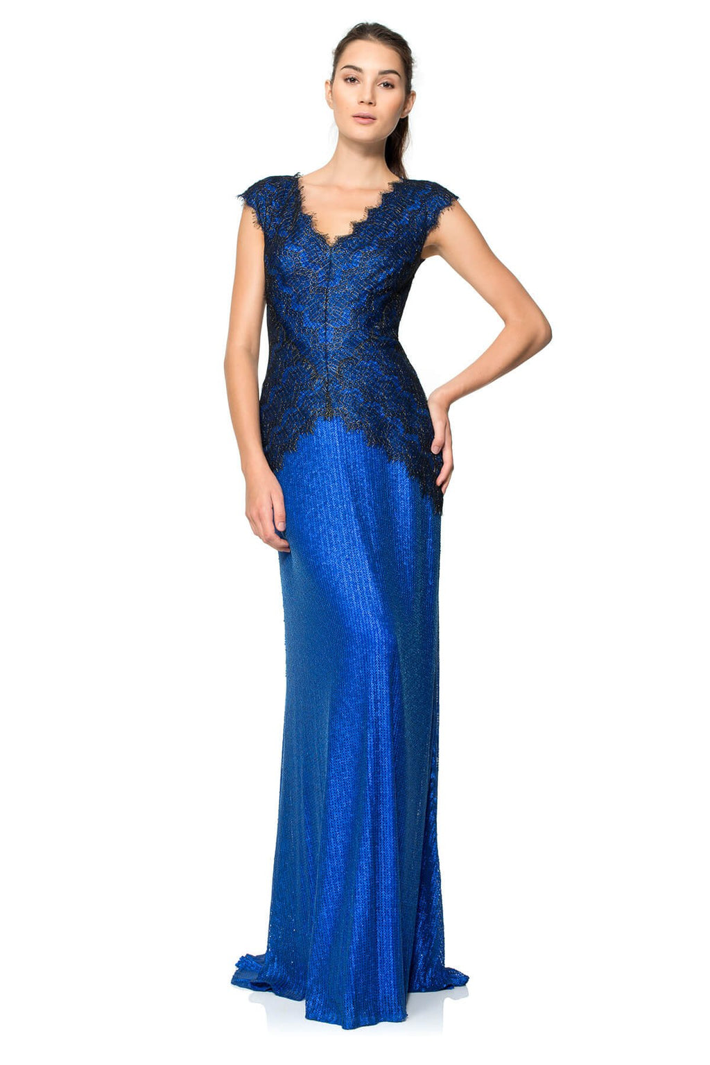 Metallic Chantilly Lace Over Sequin Lace V-Neck Gown
