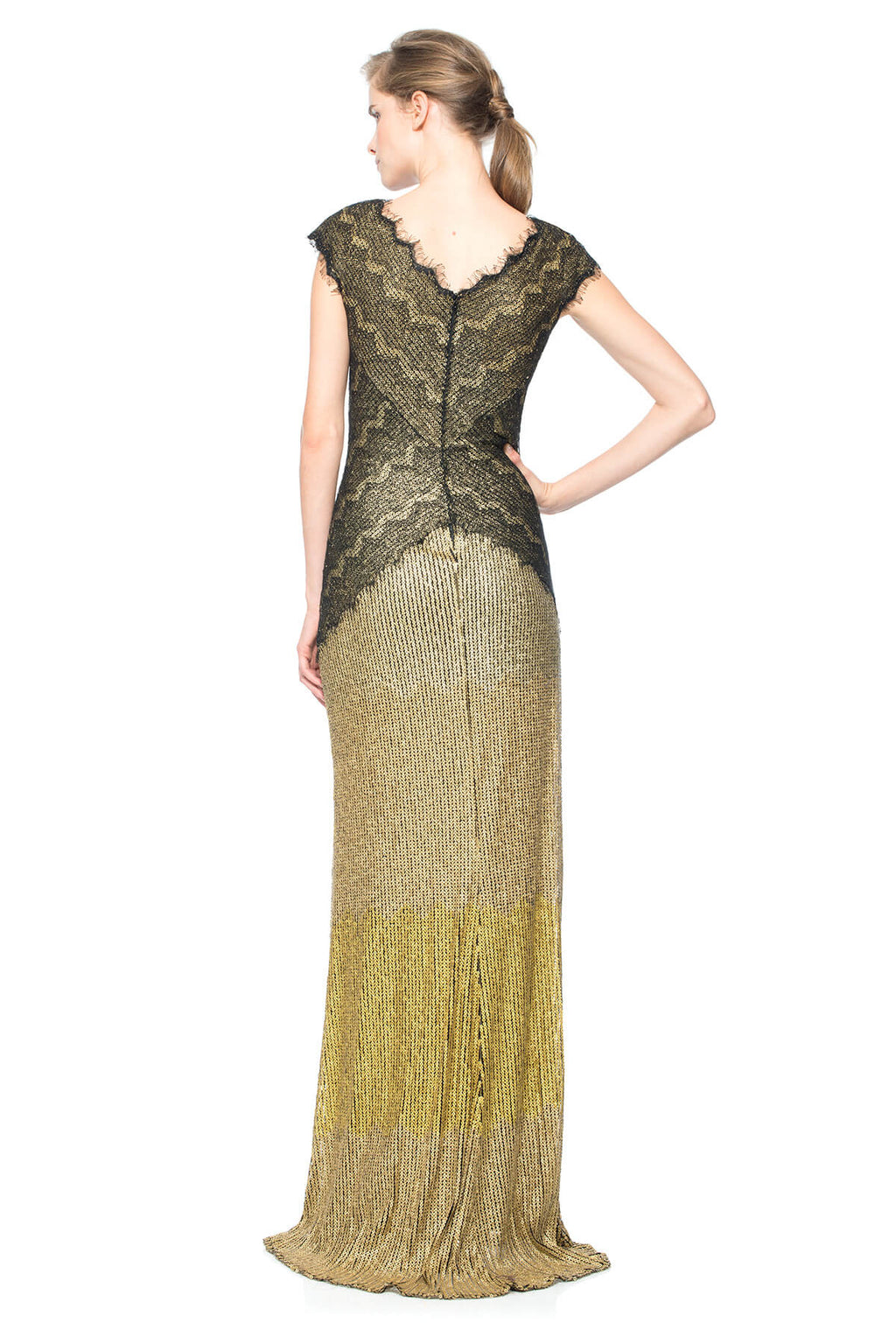 Metallic Chantilly Lace Over Sequin Lace V-Neck Gown