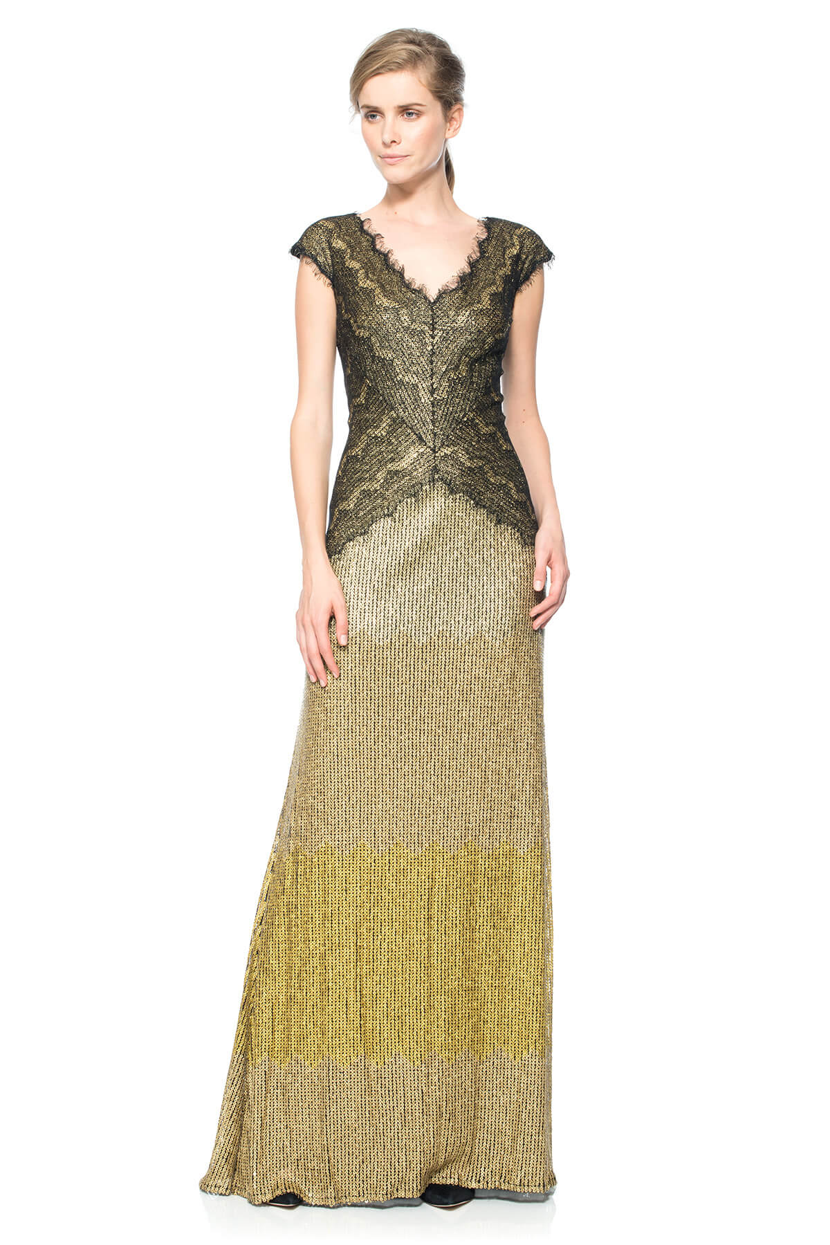 Metallic Chantilly Lace Over Sequin Lace V-Neck Gown