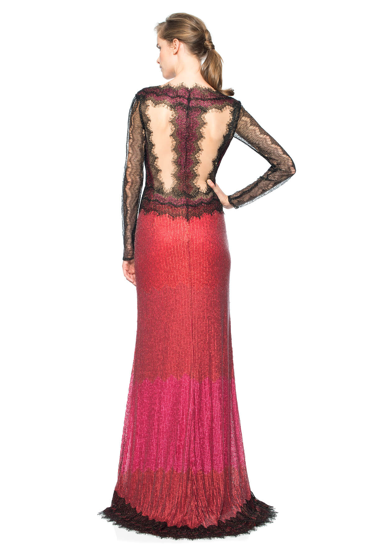 Metallic Chantilly Lace Over Sequin Lace Long Sleeve Gown