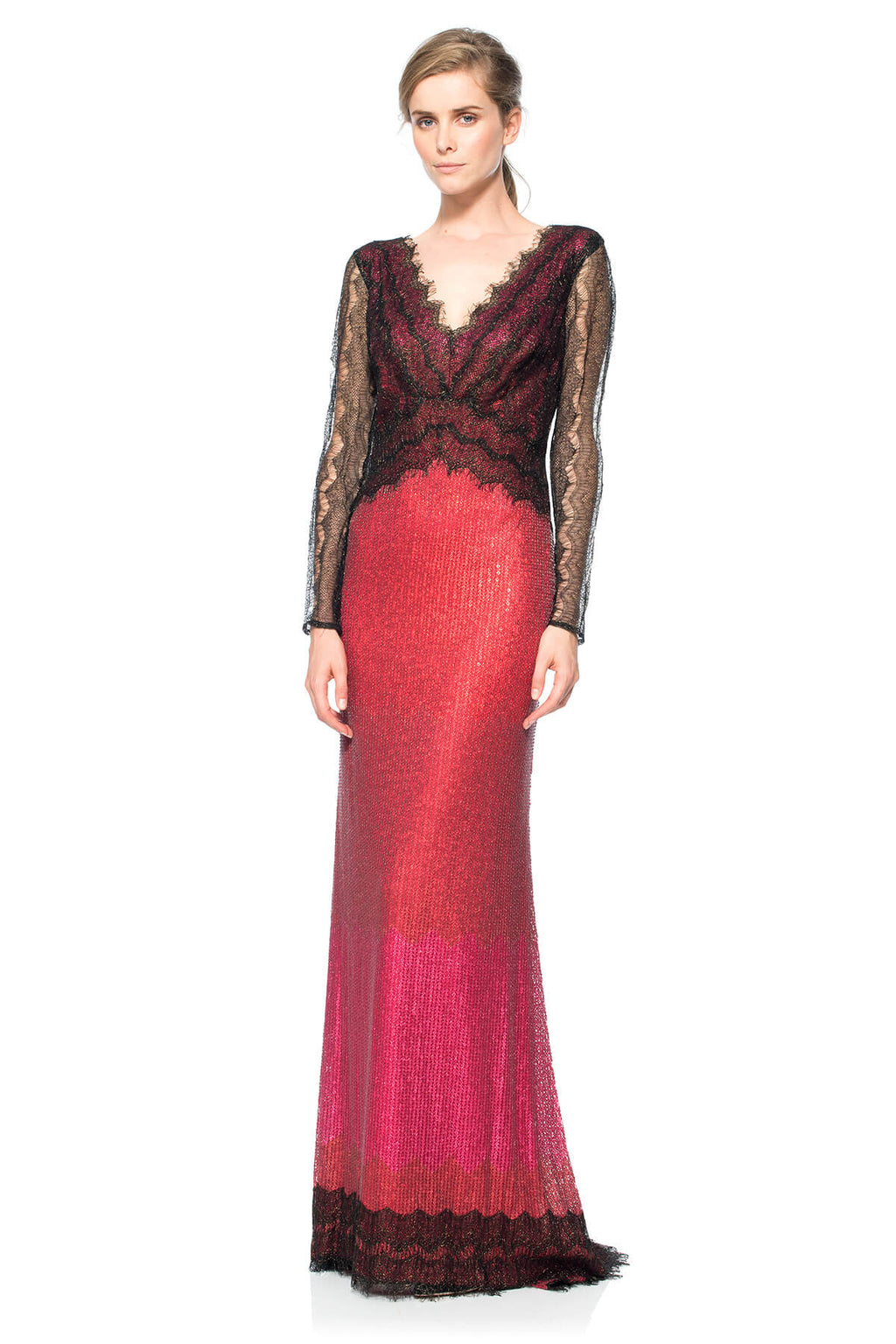Metallic Chantilly Lace Over Sequin Lace Long Sleeve Gown