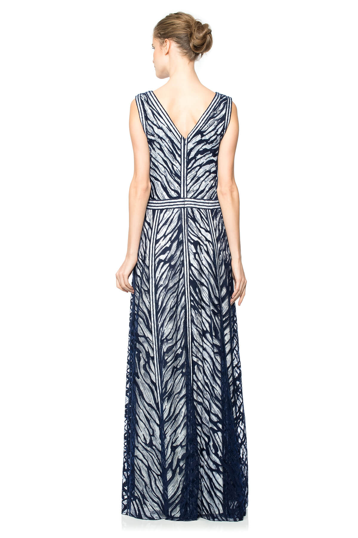 Water-Motif Embroidered Tulle V-Neck Gown