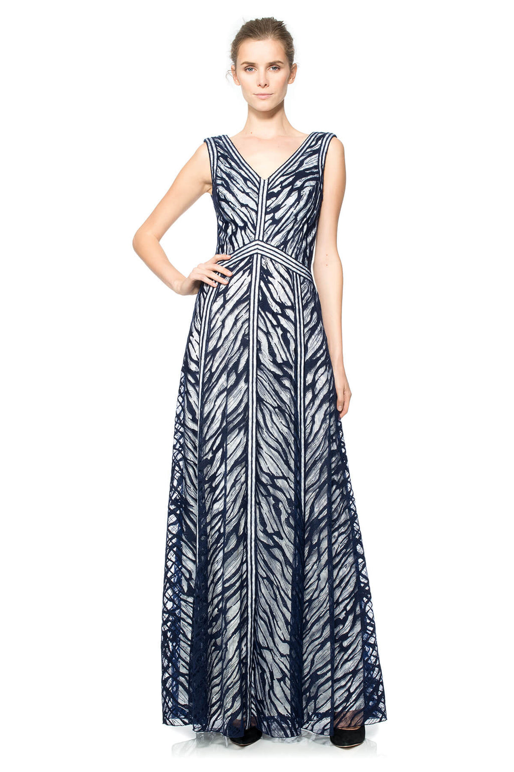 Water-Motif Embroidered Tulle V-Neck Gown