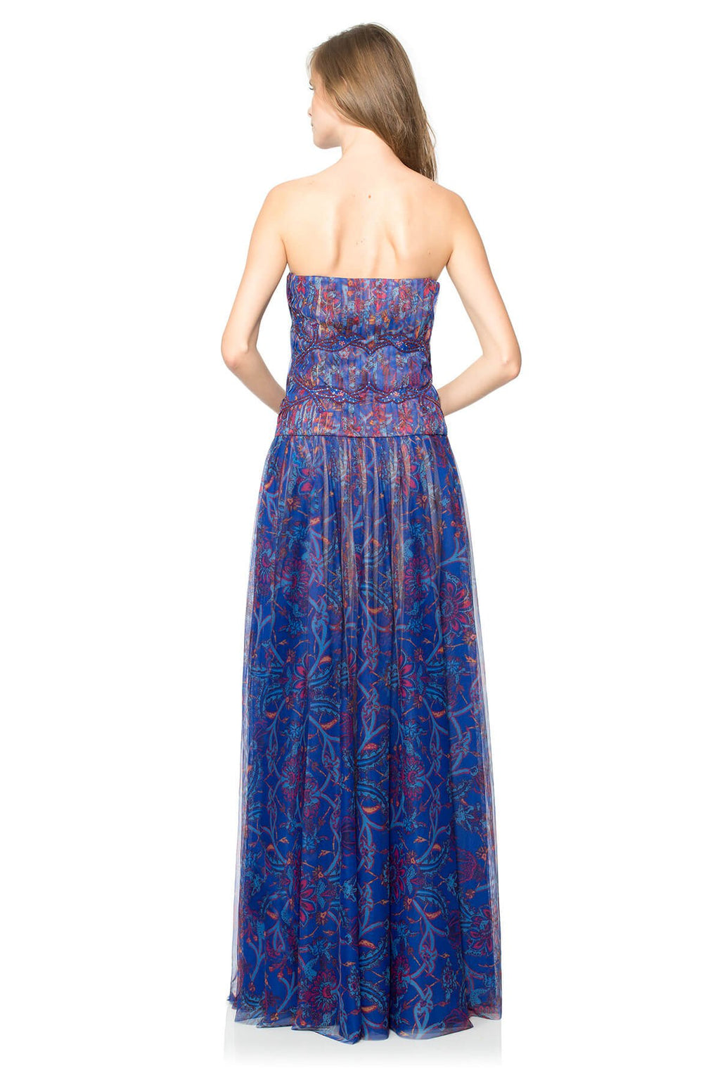 Printed Tulle Strapless Gown with Hand-Beaded Detail