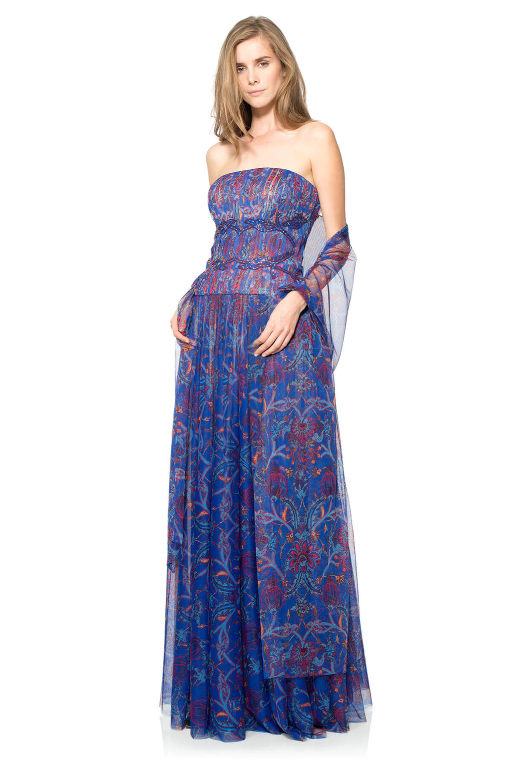 Printed Tulle Strapless Gown with Hand-Beaded Detail