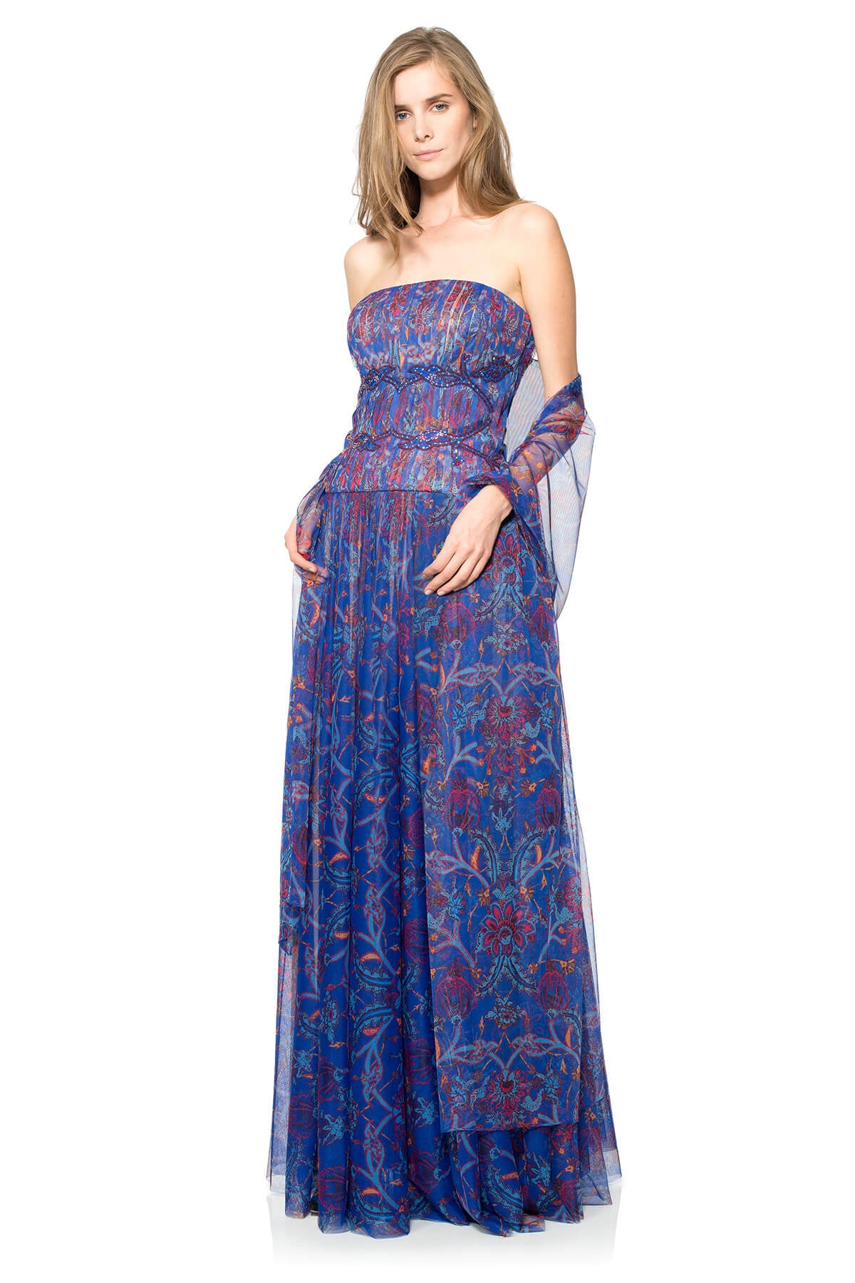 Printed Tulle Strapless Gown with Hand-Beaded Detail