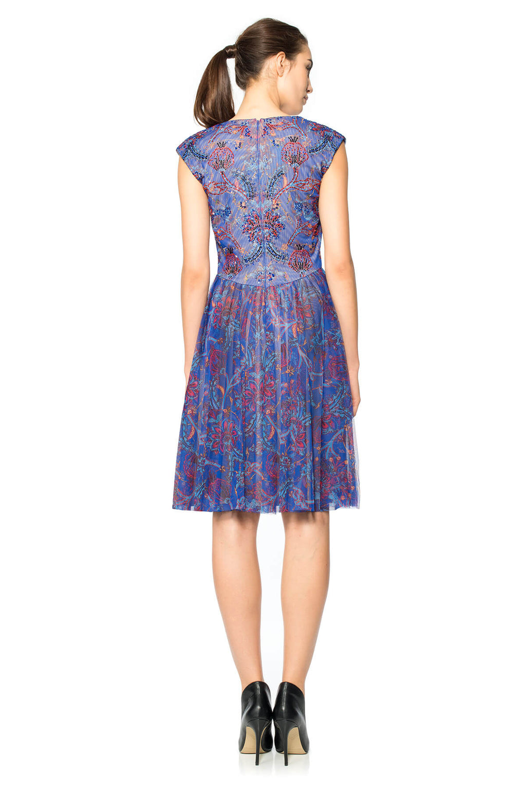 Printed Tulle Ruched-Front Dress with Hand-Beaded Bodice