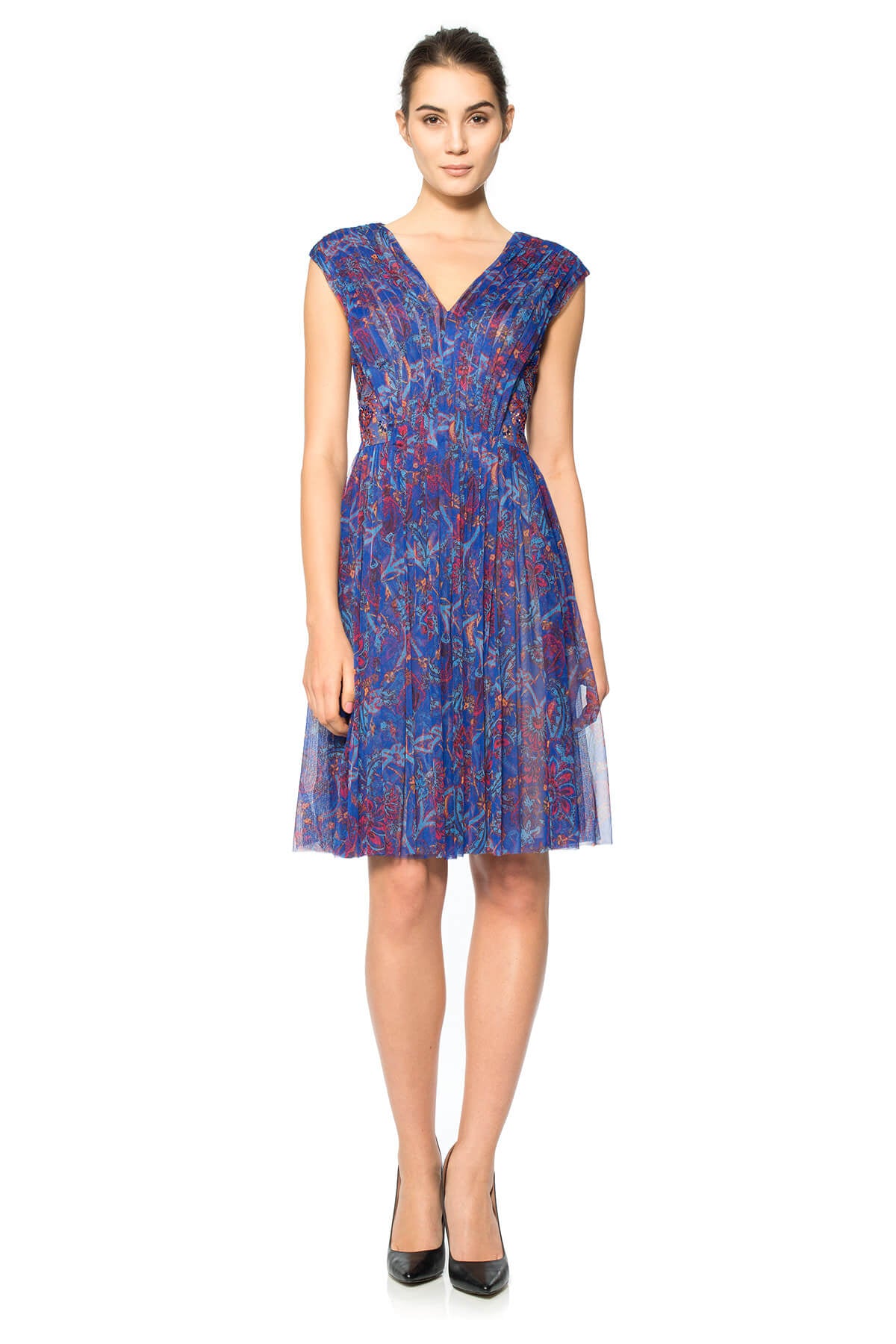 Printed Tulle Ruched-Front Dress with Hand-Beaded Bodice