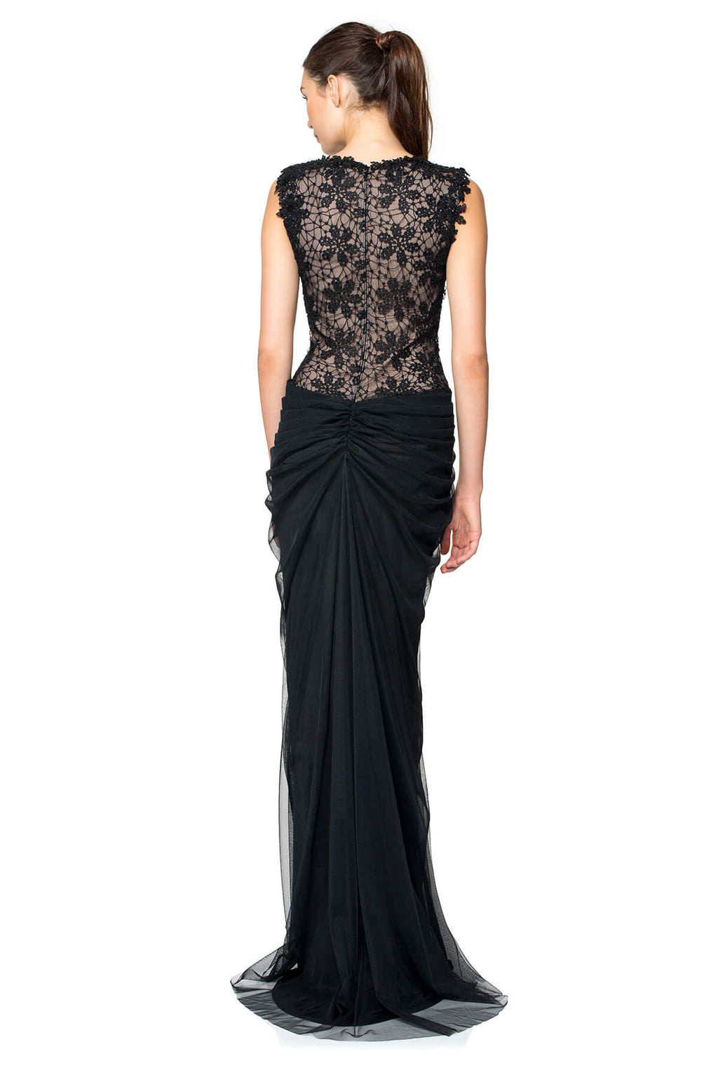Beaded Lace Draped Chiffon Gown