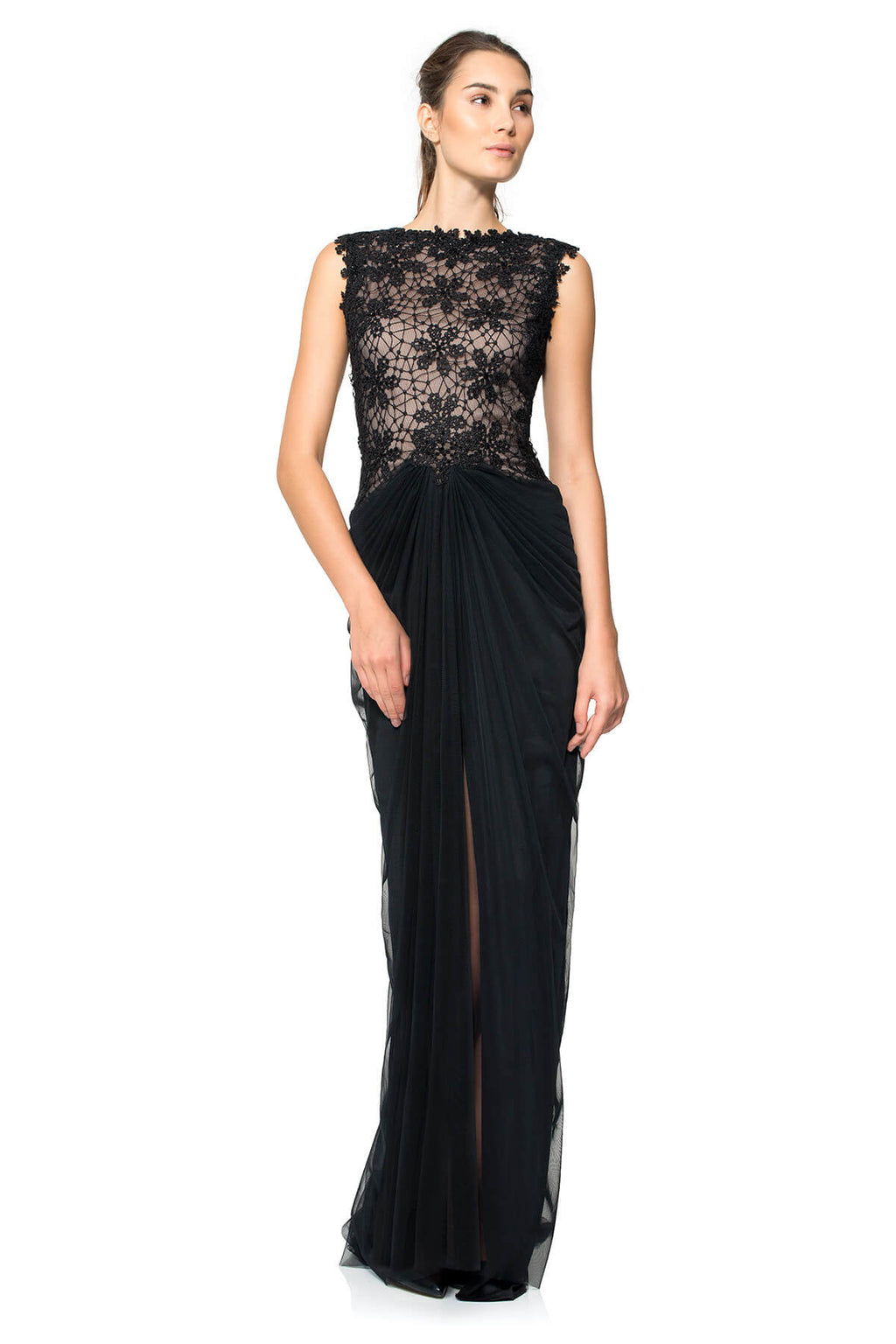 Beaded Lace Draped Chiffon Gown