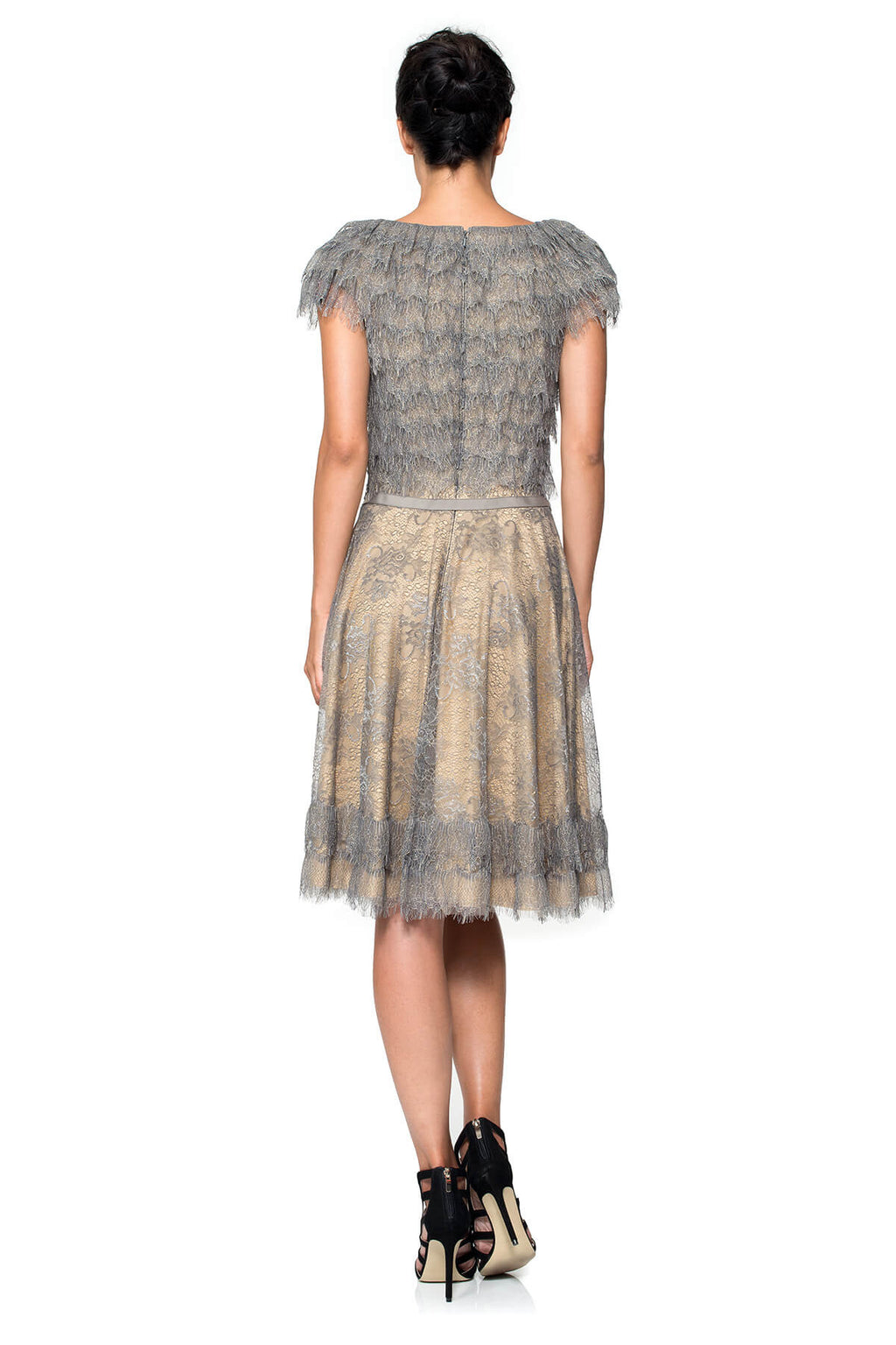 Metallic Lace Tiered Rosette Dress with Grosgrain Ribbon Belt