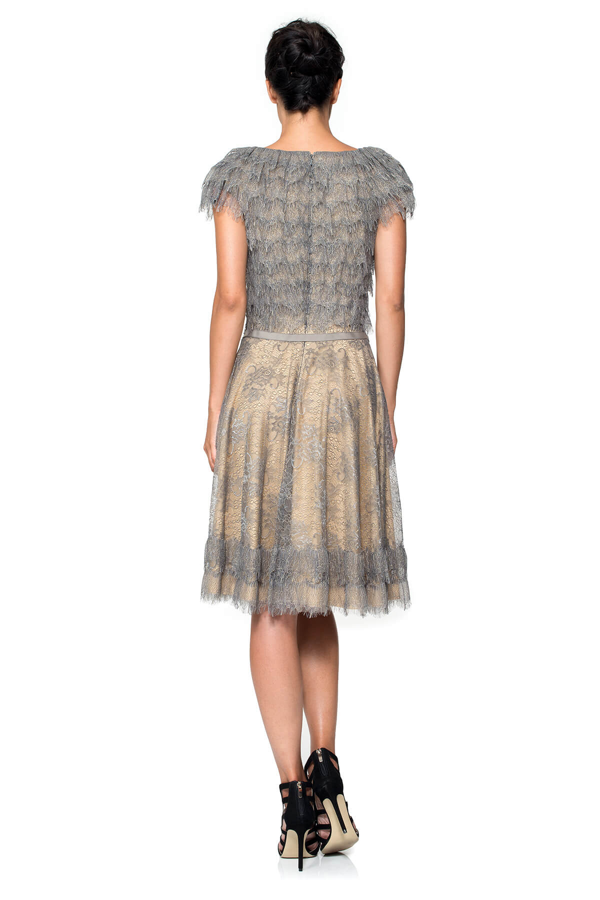 Metallic Lace Tiered Rosette Dress with Grosgrain Ribbon Belt