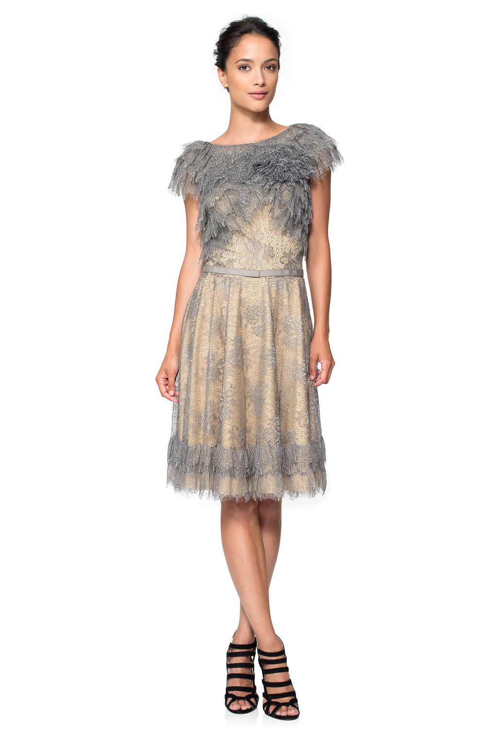 Metallic Lace Tiered Rosette Dress with Grosgrain Ribbon Belt