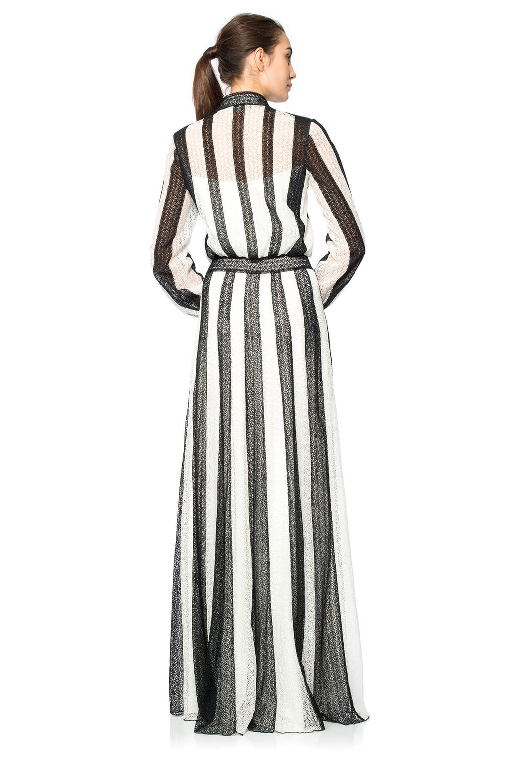 Striped Daisy-Chain Lace Long Sleeve Shirtwaist Gown