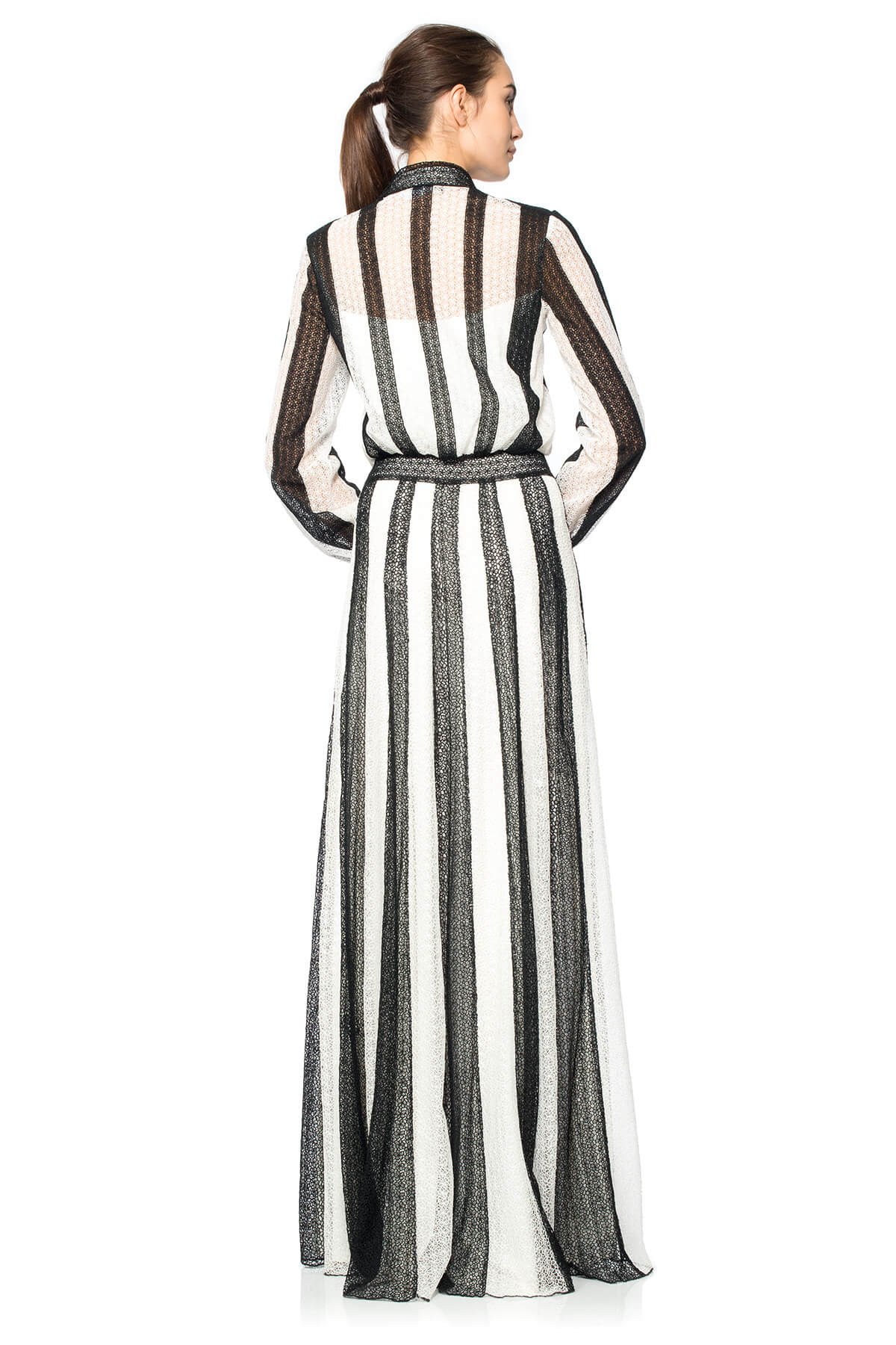 Striped Daisy-Chain Lace Long Sleeve Shirtwaist Gown