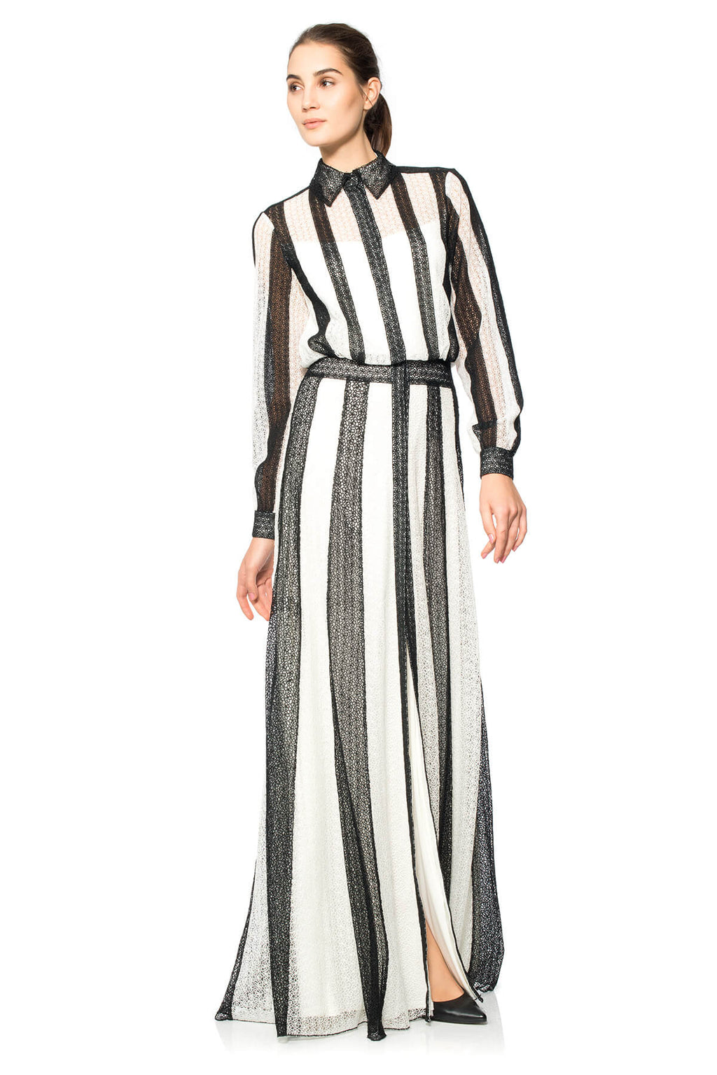 Striped Daisy-Chain Lace Long Sleeve Shirtwaist Gown
