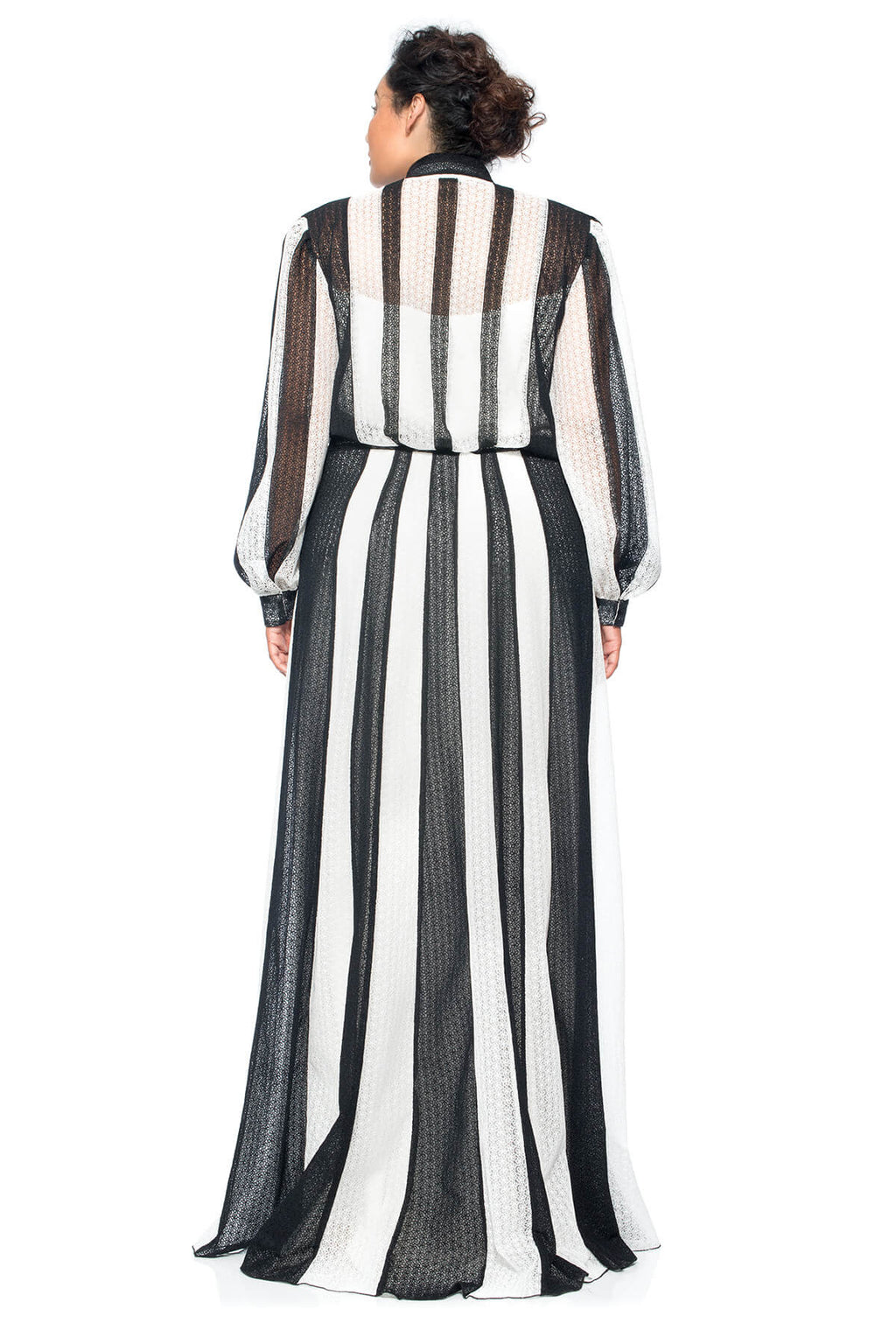 Tadashi Shoji Plus Size - Striped Daisy-Chain Lace Long Sleeve Shirtwaist Gown