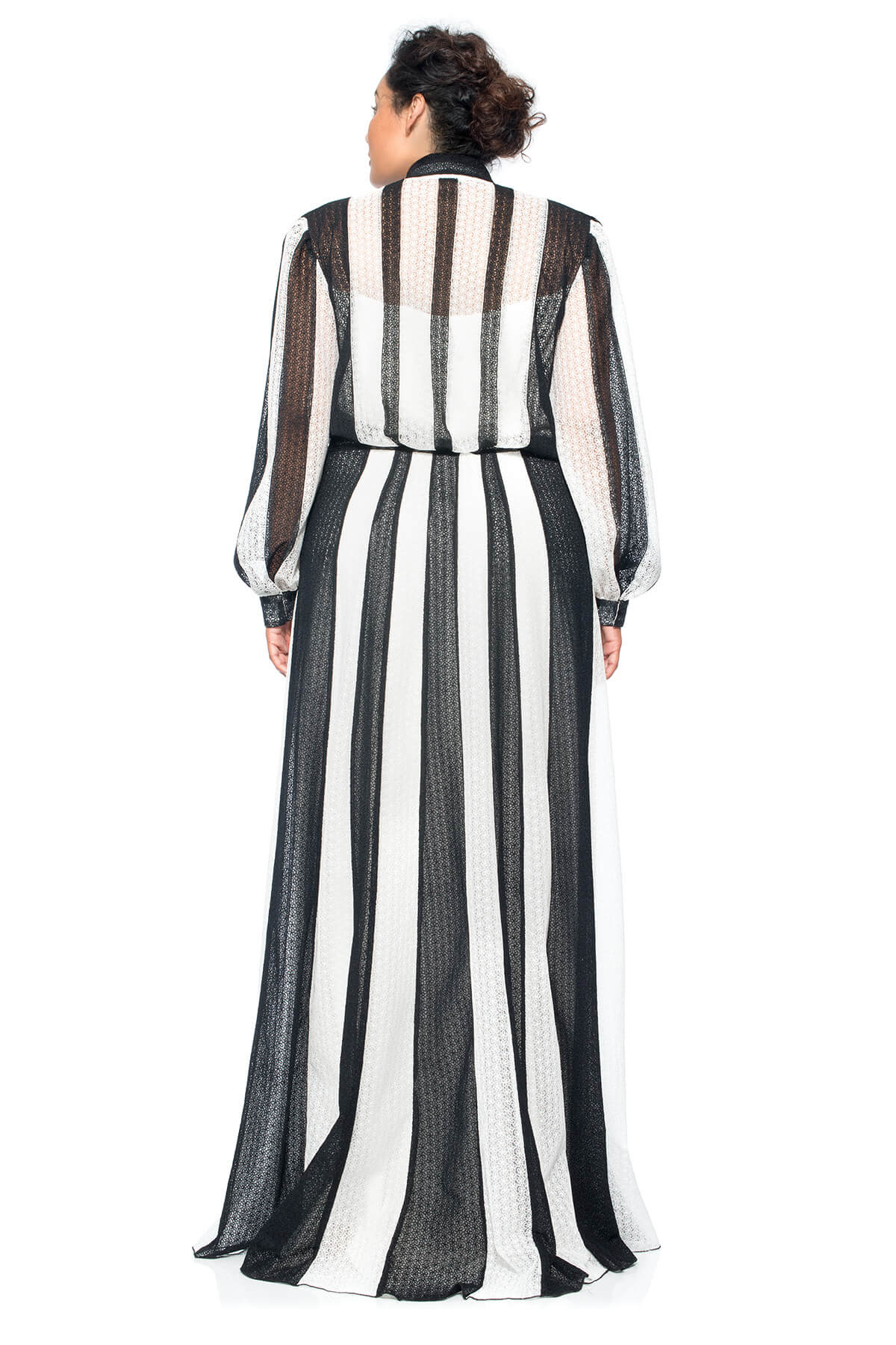 Tadashi Shoji Plus Size - Striped Daisy-Chain Lace Long Sleeve Shirtwaist Gown