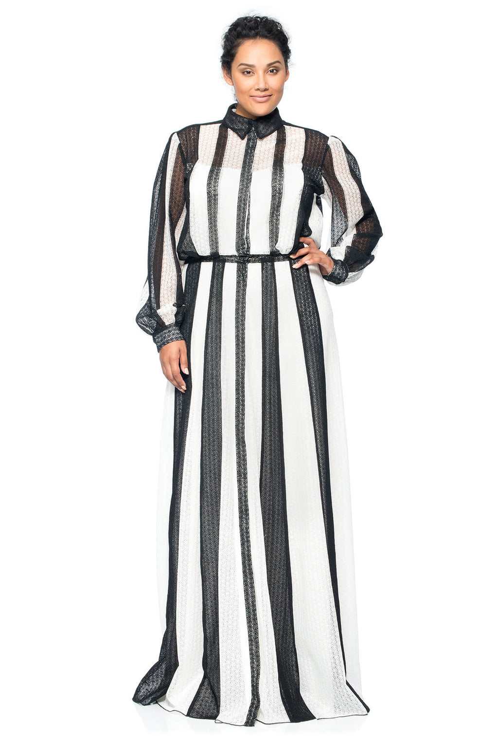 Tadashi Shoji Plus Size - Striped Daisy-Chain Lace Long Sleeve Shirtwaist Gown
