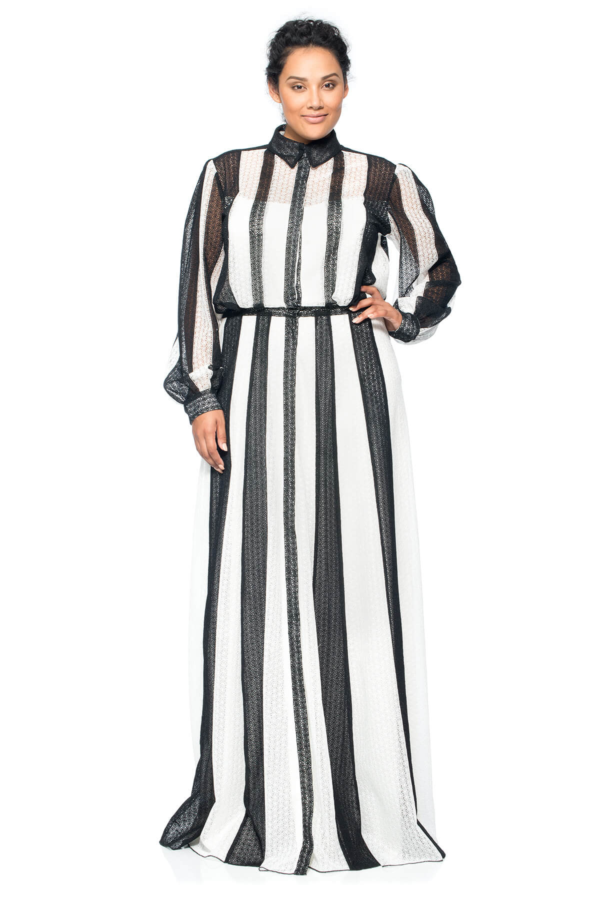 Tadashi Shoji Plus Size - Striped Daisy-Chain Lace Long Sleeve Shirtwaist Gown