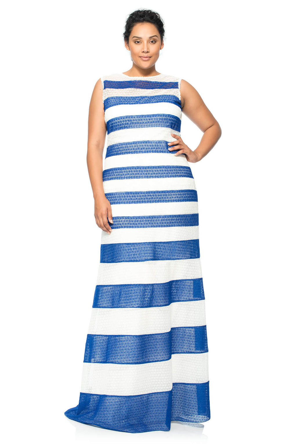 Striped Daisy-Chain Lace Boatneck Gown - PLUS SIZE