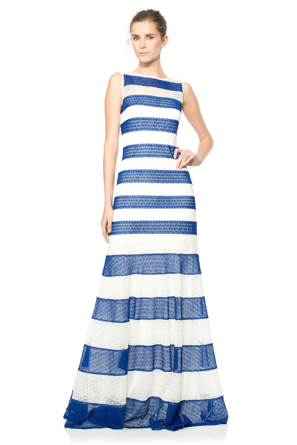 Striped Daisy-Chain Lace Boatneck Gown