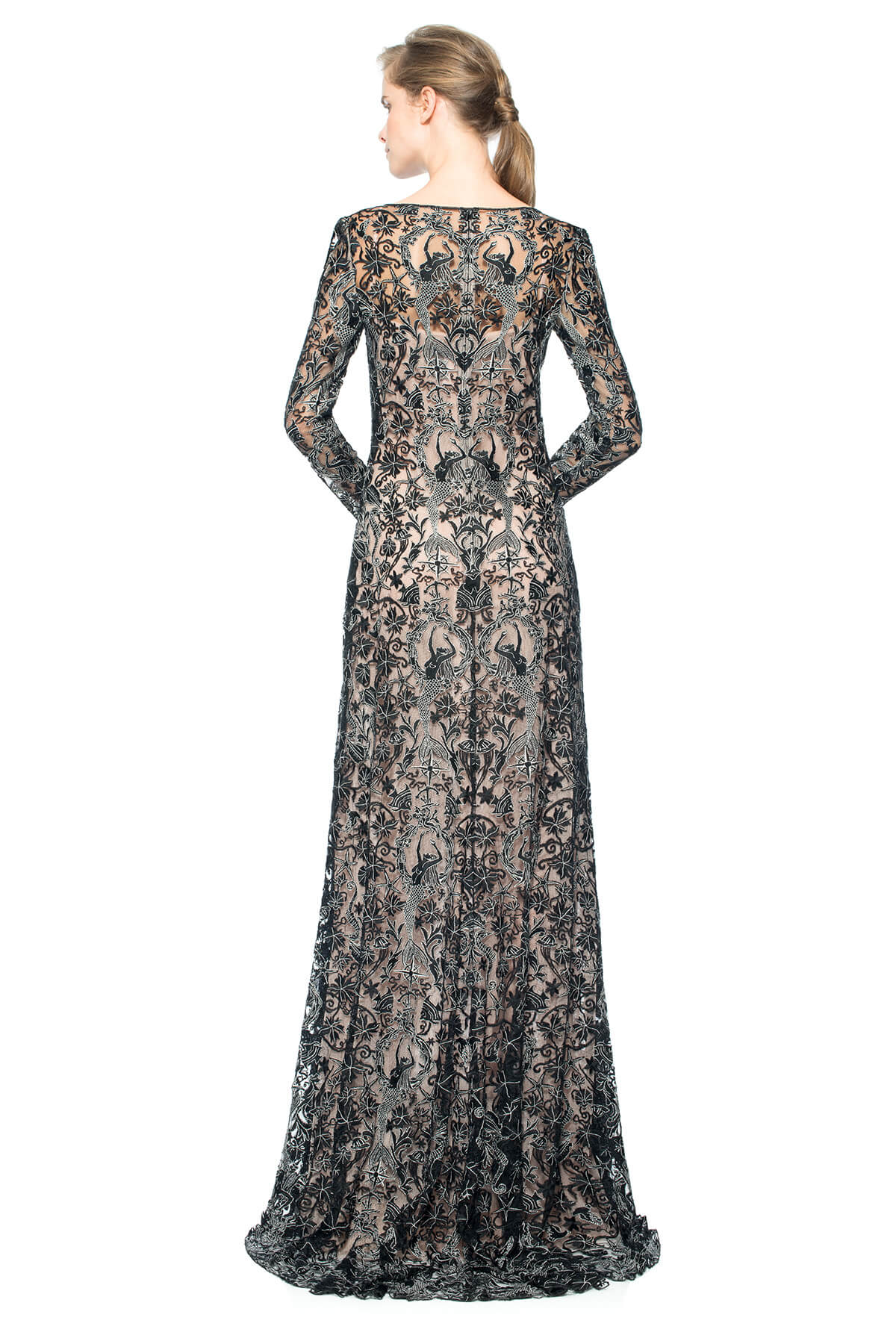 Mermaid Embroidered Tulle Long Sleeve Gown