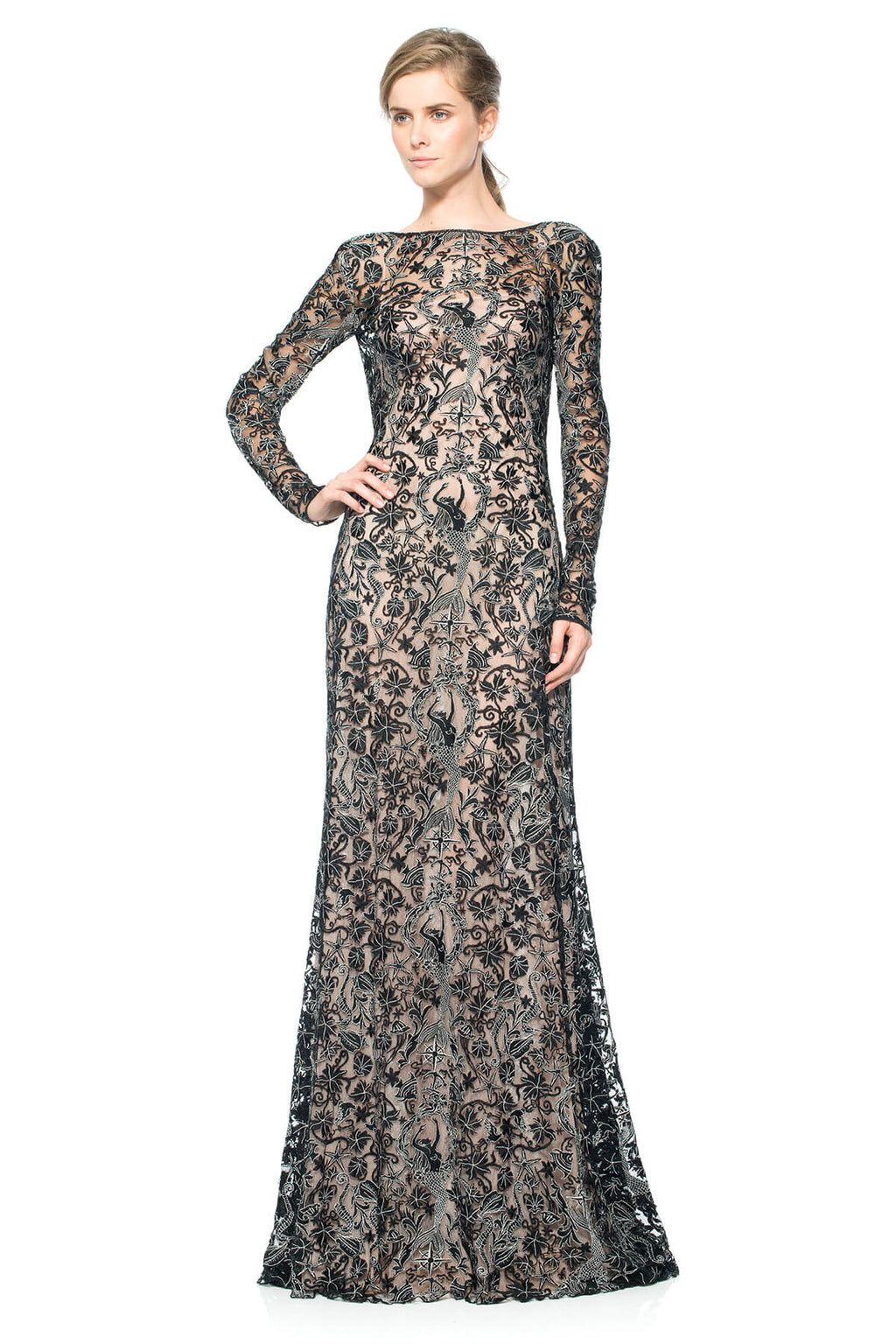 Mermaid Embroidered Tulle Long Sleeve Gown