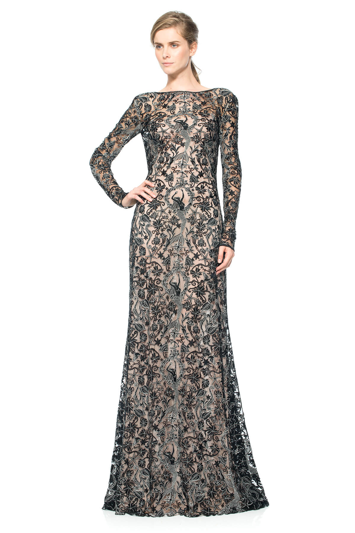 Mermaid Embroidered Tulle Long Sleeve Gown