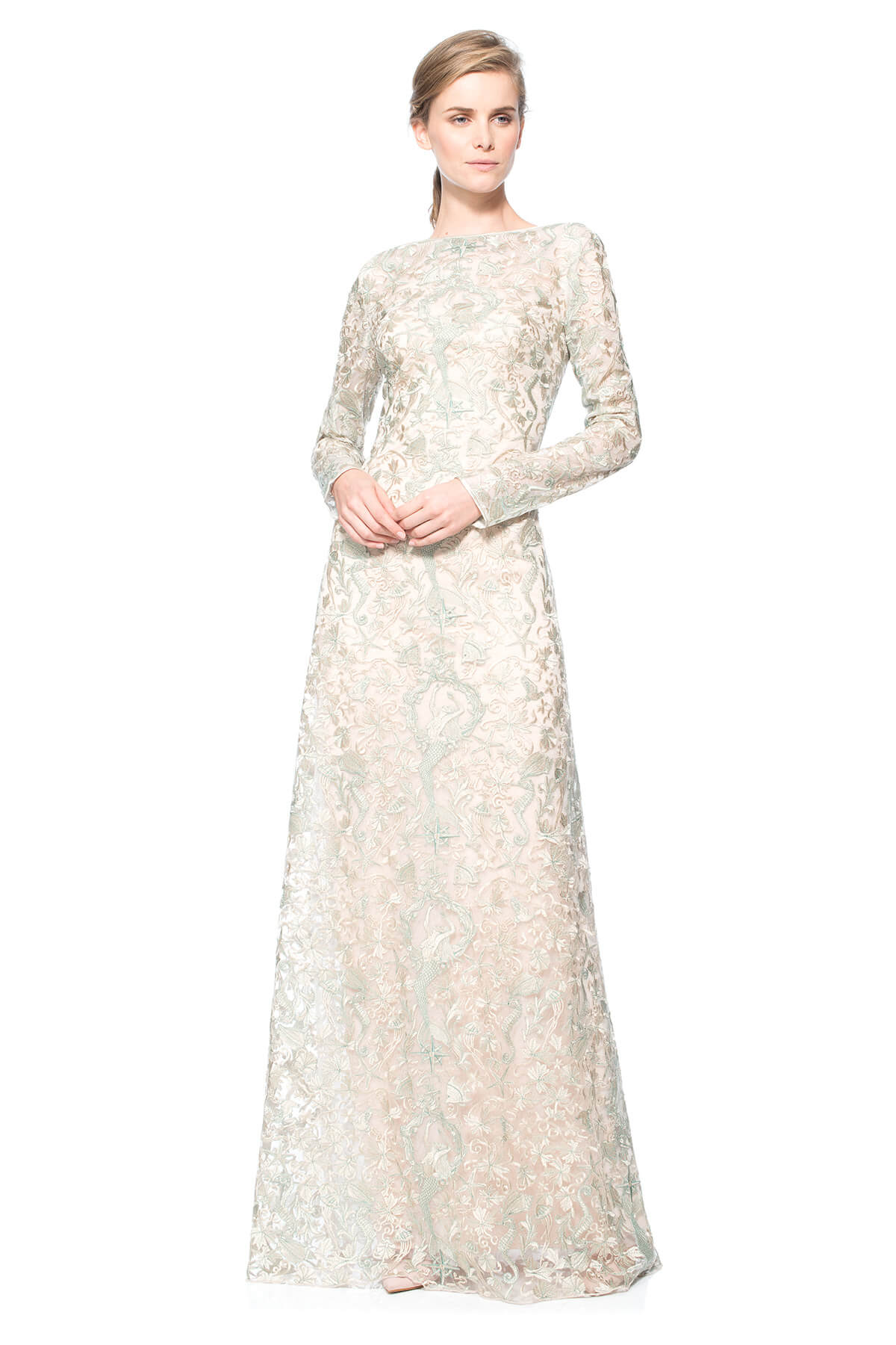 Mermaid Embroidered Tulle Long Sleeve Gown