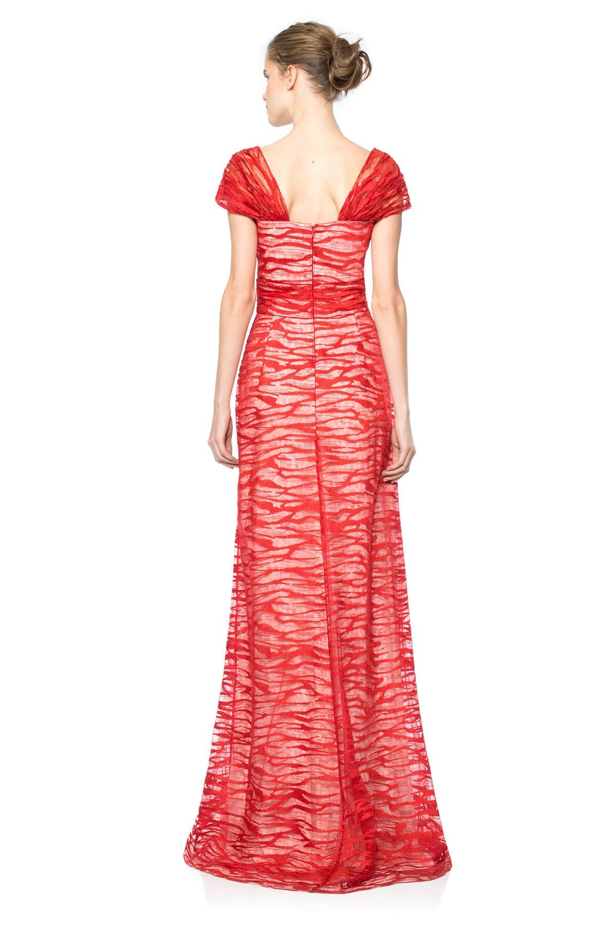 Water Embroidery on Tulle Draped Gown with Shoulder Overlay