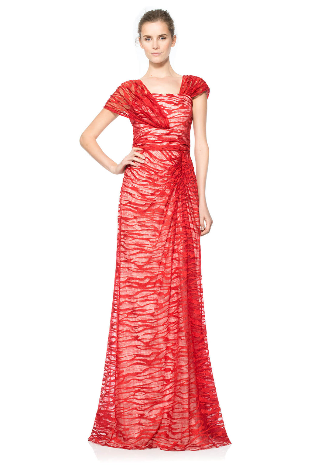 Water Embroidery on Tulle Draped Gown with Shoulder Overlay