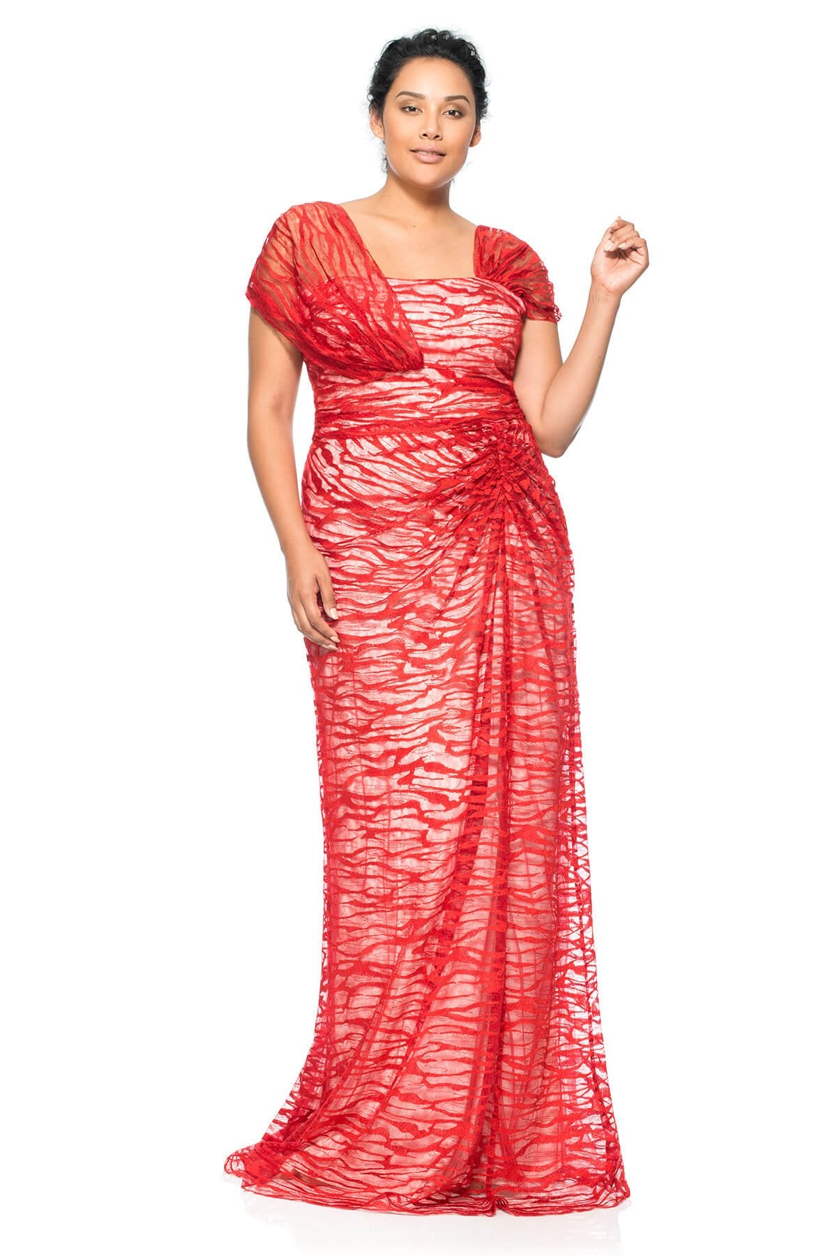 Embroidery on Tulle Asymmetric Ruched Gown - PLUS SIZE