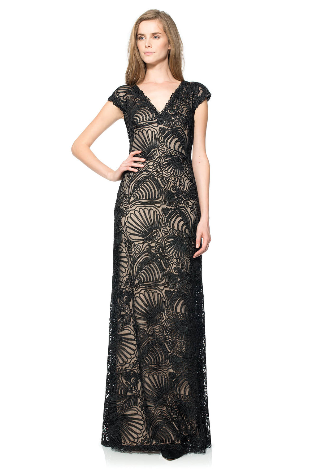 Passementerie Seashell Embroidered Tulle V-Neck Gown