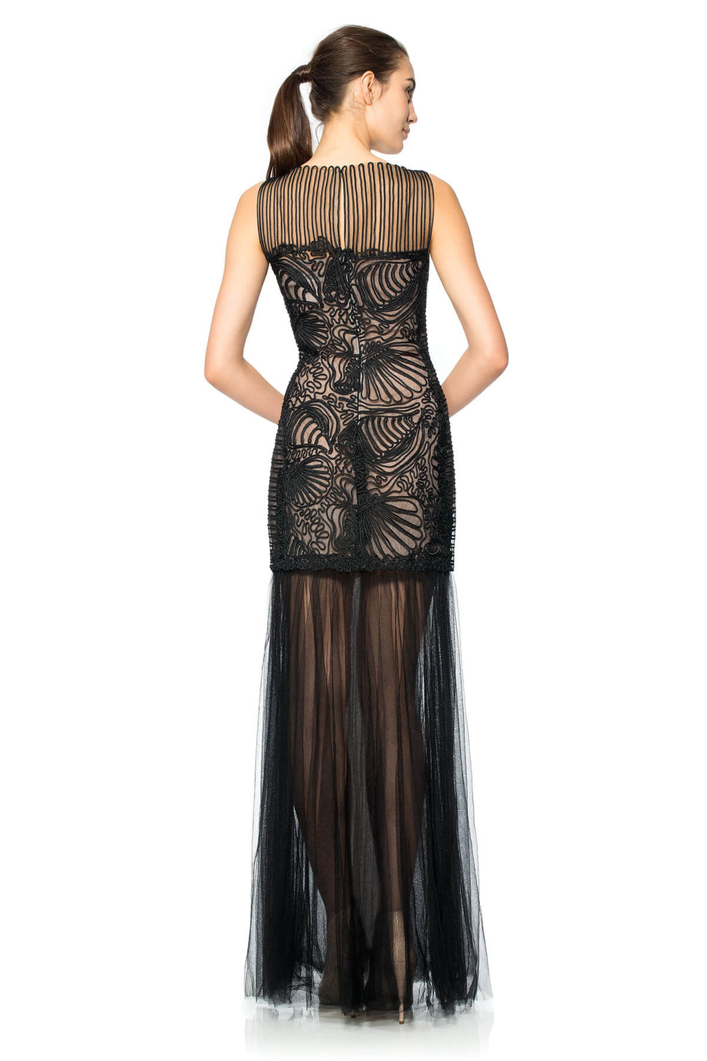 Passementerie Seashell Embroidered Tulle Bateau Neckline Gown