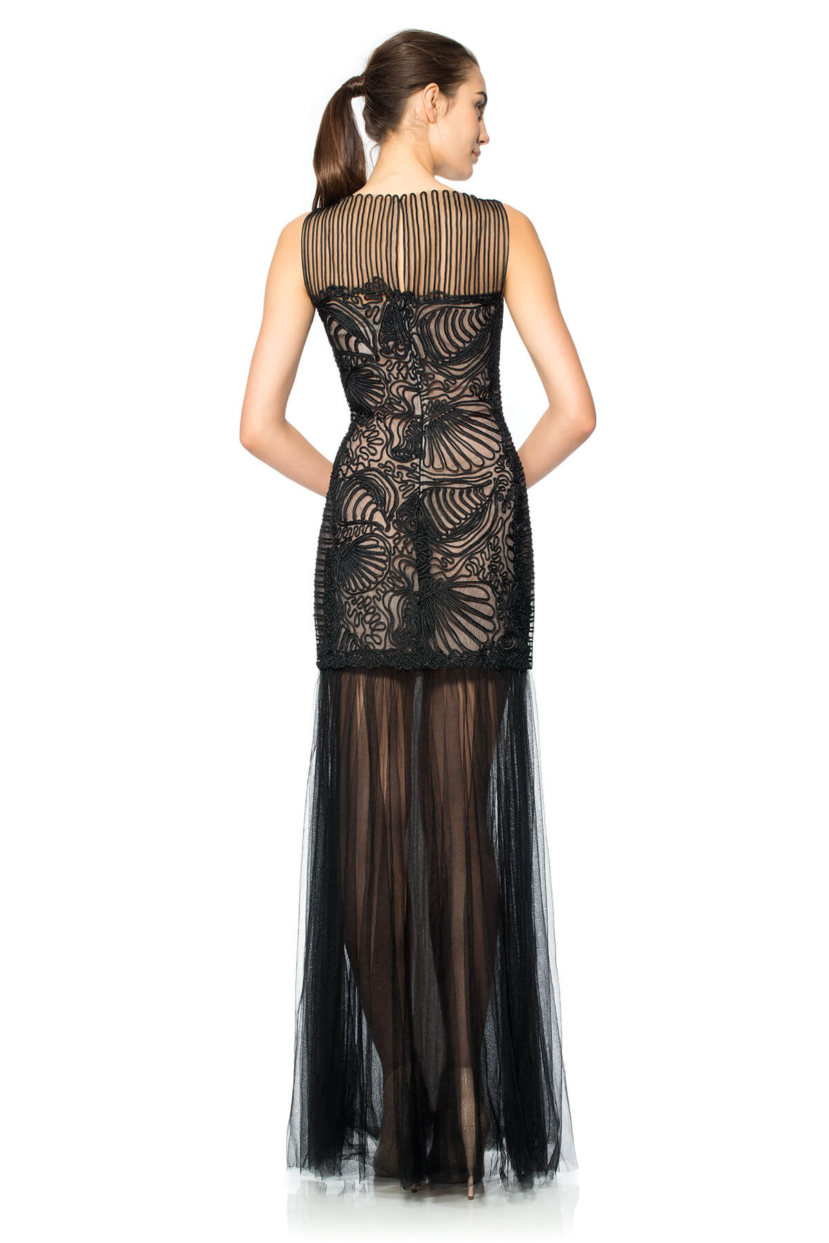 Passementerie Seashell Embroidered Tulle Bateau Neckline Gown