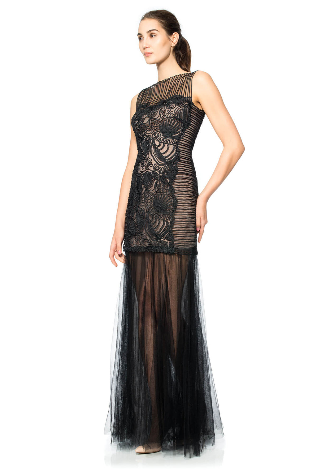 Passementerie Seashell Embroidered Tulle Bateau Neckline Gown