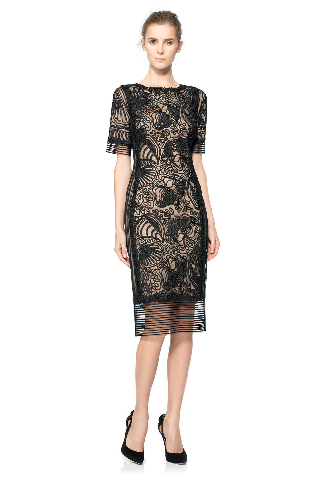 Passementerie Seashell Embroidered Tulle Short Sleeve Sheath
