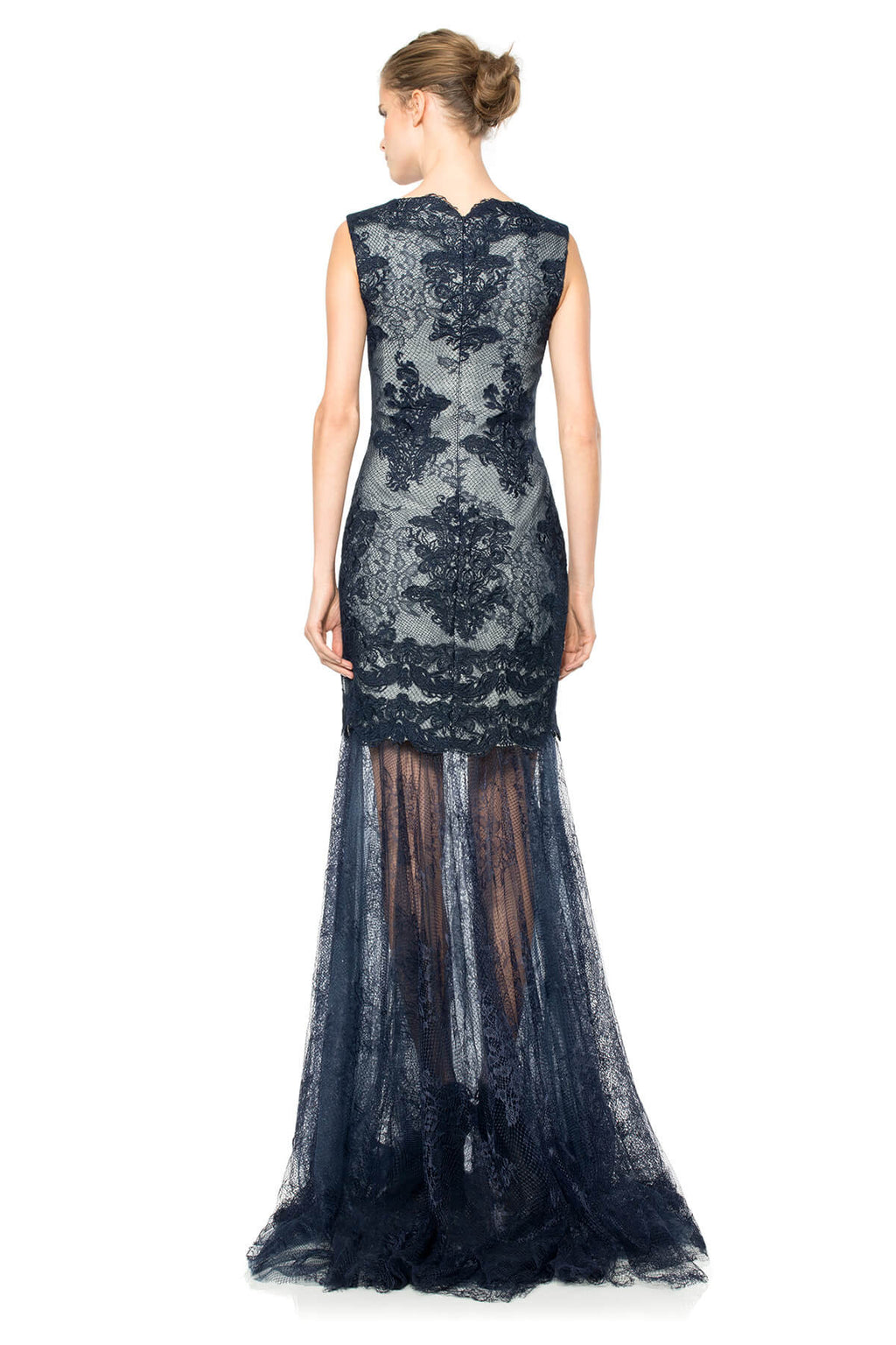 Lace Overlay Embroidered Tulle Boatneck Gown