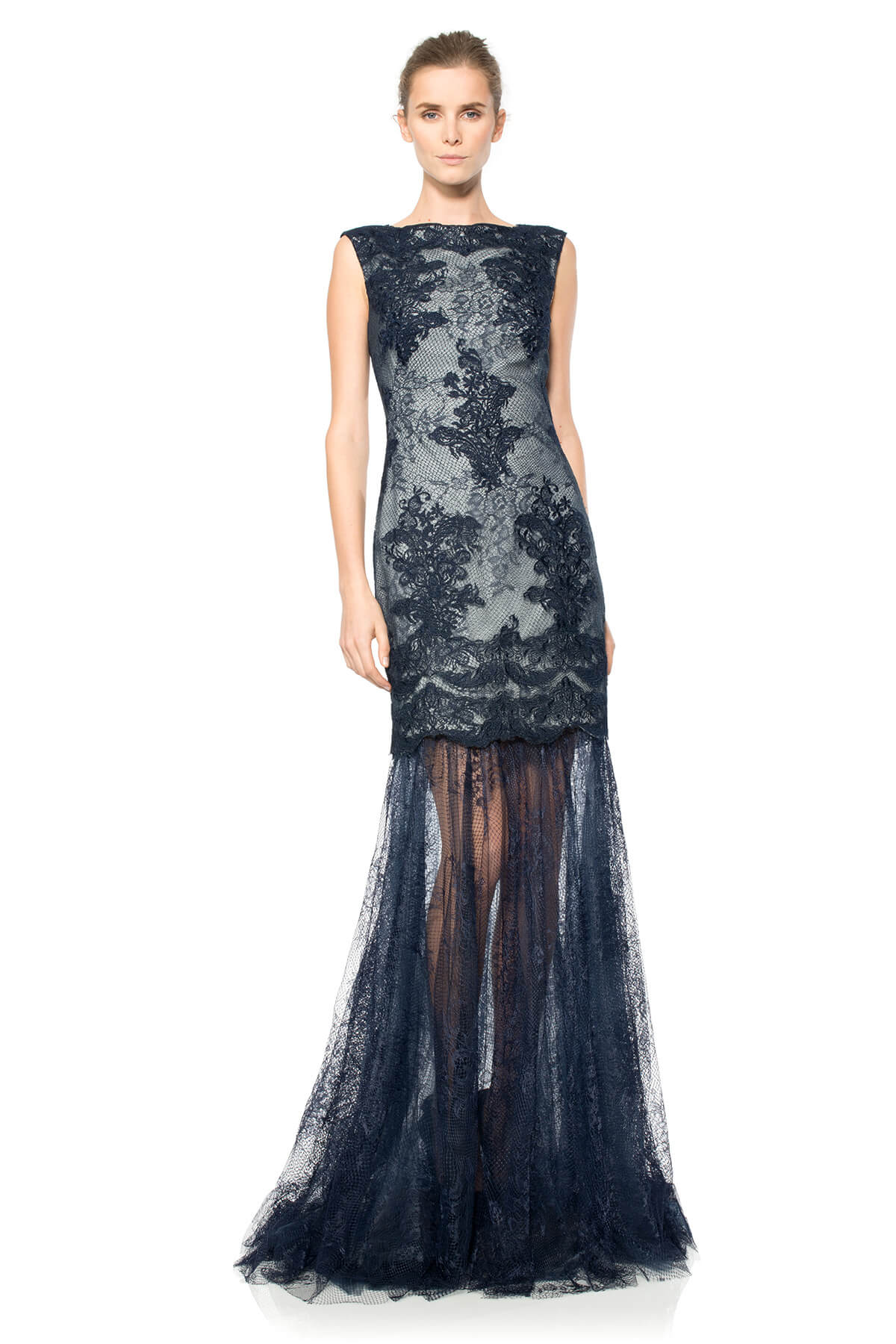 Lace Overlay Embroidered Tulle Boatneck Gown