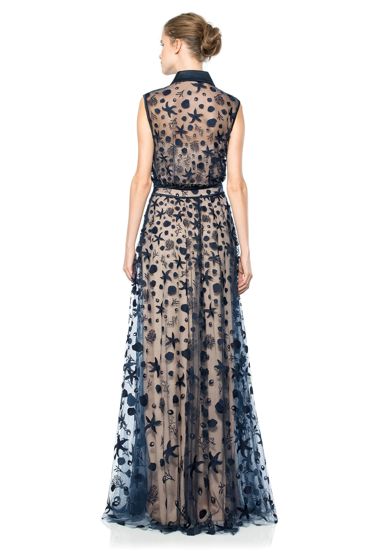 Starfish Embroidered Tulle Sleeveless Shirtwaist Gown with Satin Collar and Piping Detail