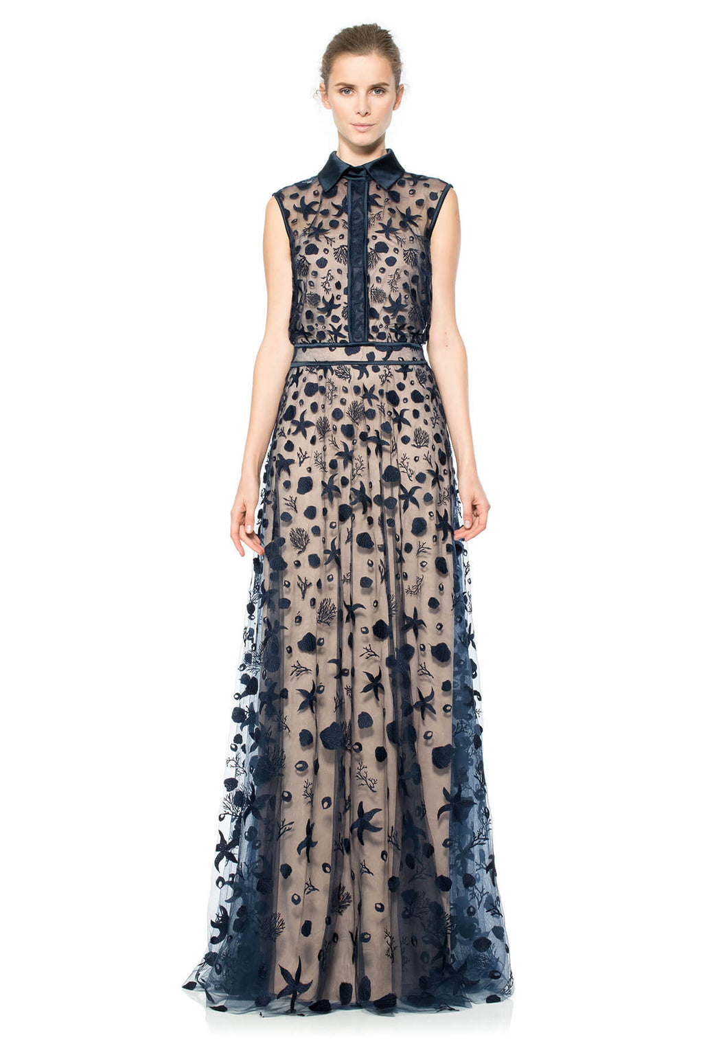 Starfish Embroidered Tulle Sleeveless Shirtwaist Gown with Satin Collar and Piping Detail