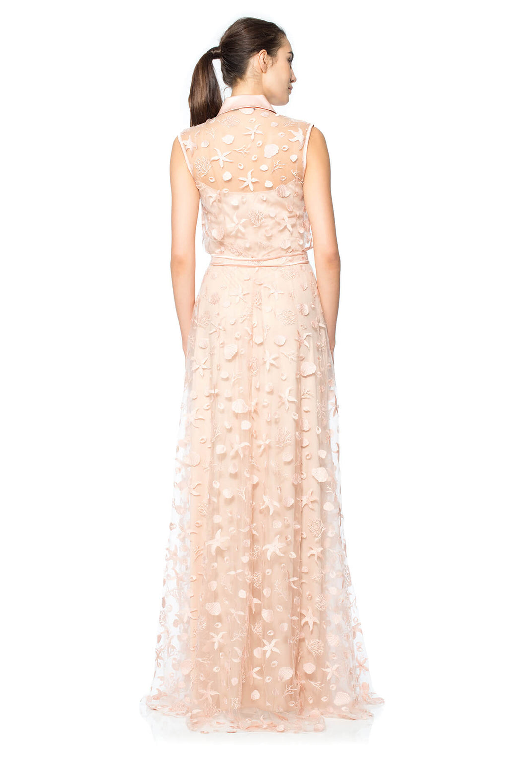 Starfish Embroidered Tulle Sleeveless Shirtwaist Gown with Satin Collar and Piping Detail